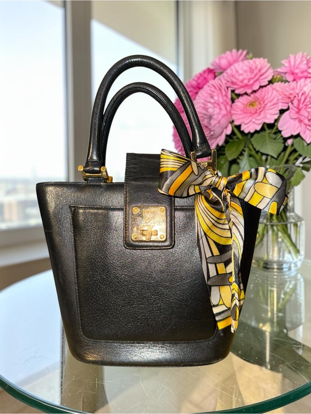 Vintage MCM Black Leather Top Handle Bucket Tote Bag Gold Plaque